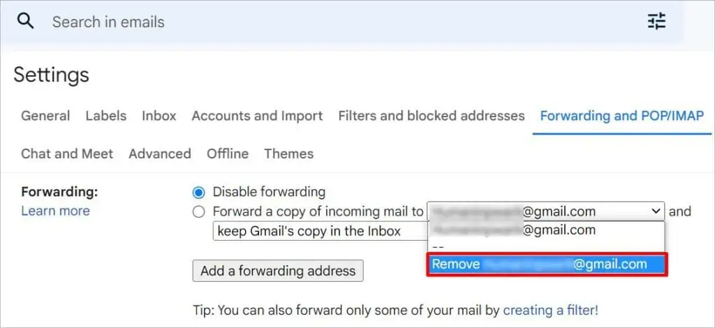 Gmail Messages Are Missing? Try these 9 Ways to Fix It 83 remove-email-from-forwarding-1024x470