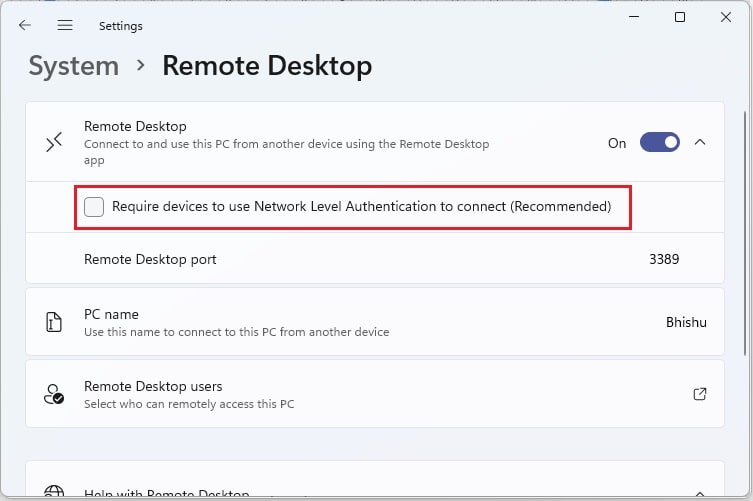 require devices to use nla to connect