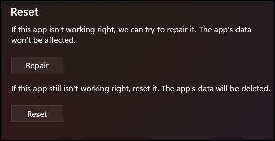 reset repair apps