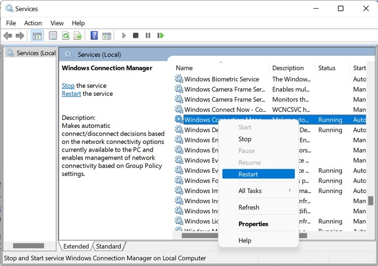 restart windows connection manager