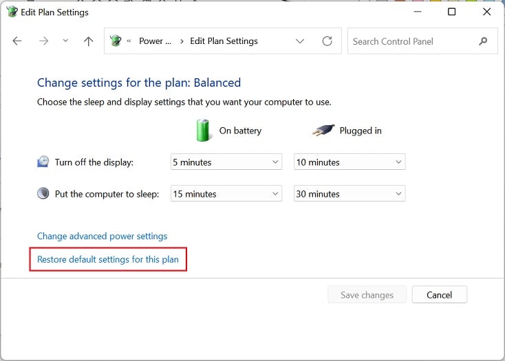 restore default settings for this plan