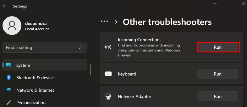 run incoming connections troubleshooter