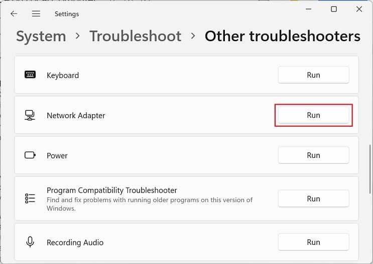 run network adapter troubleshooter