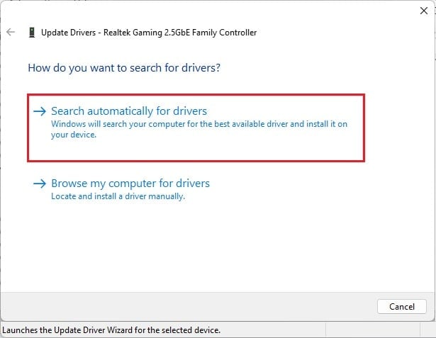 search for network drivers and automatically udpate it