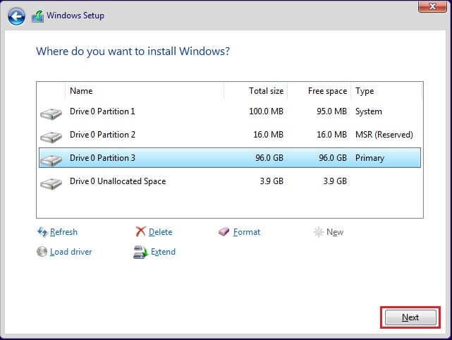 select partition and choose next