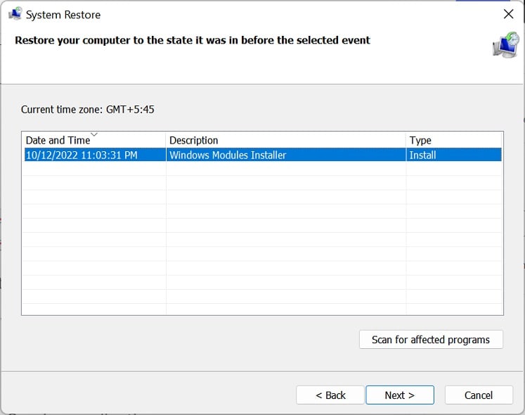 select restore point and hit next