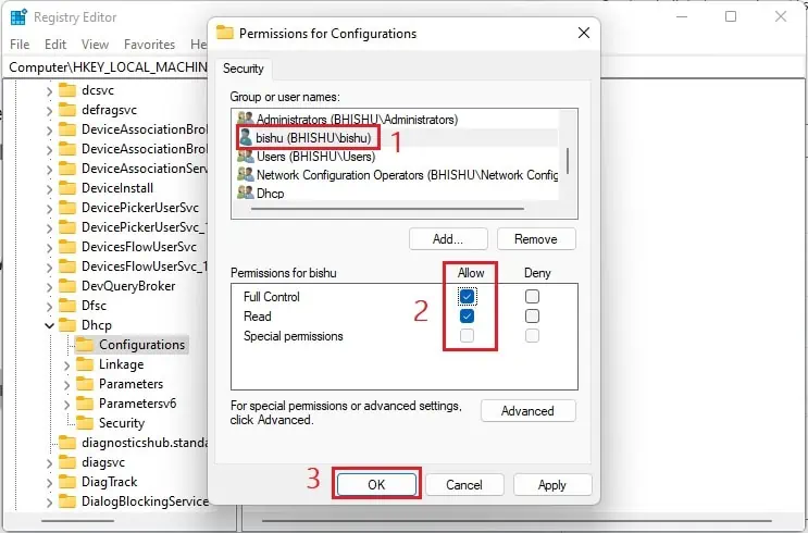 select-username-and-allow-full-permission