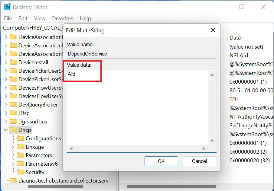 set dependonservice to afd