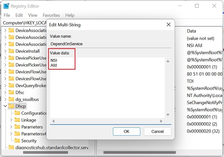 set dependonservice to nsi afd