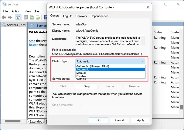 startup type automatic wlan autoconfig