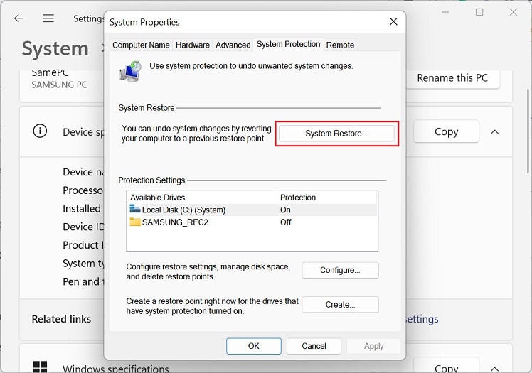 system restore button