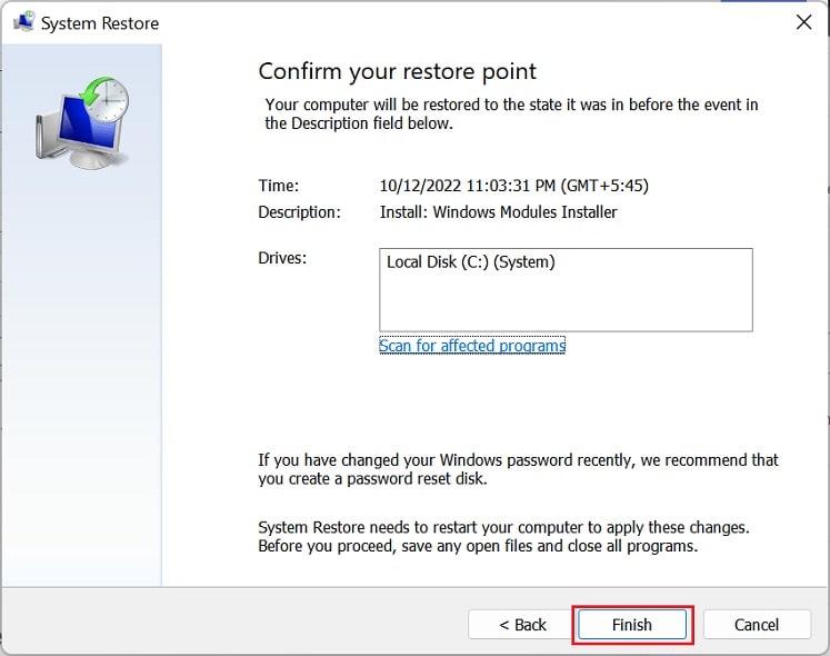 system restore finish