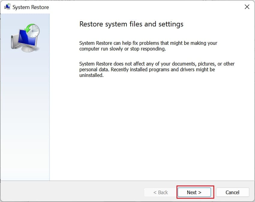system restore next