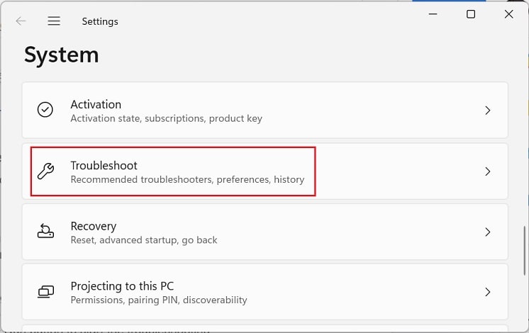 troubleshoot in system settings