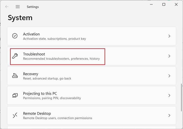 troubleshoot option in system settings