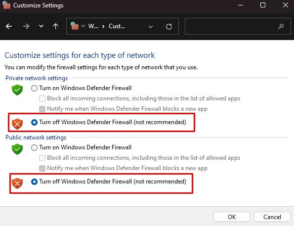 turn off windows defender firewall