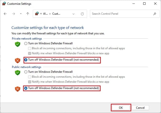 turn off windows defender firewall for both private and public networks
