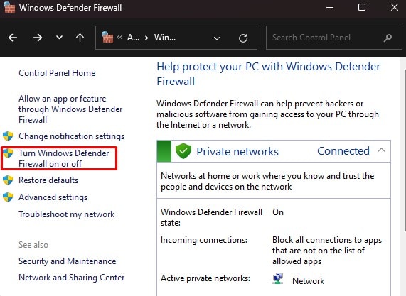 turn windows defender firewall on or off