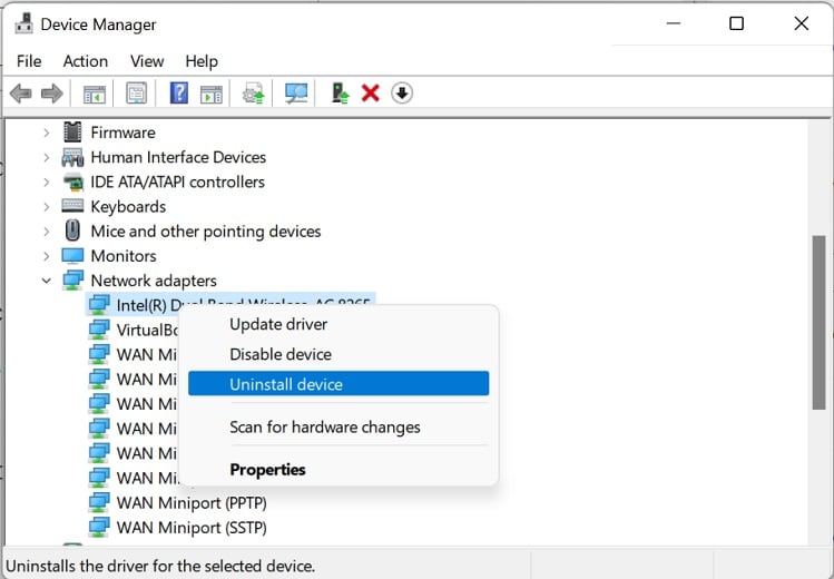 uninstall network adapter