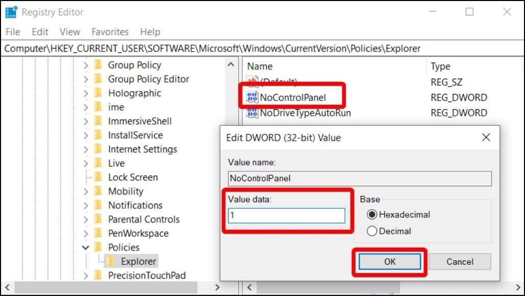 Add Dword value for NOcontrolpanel