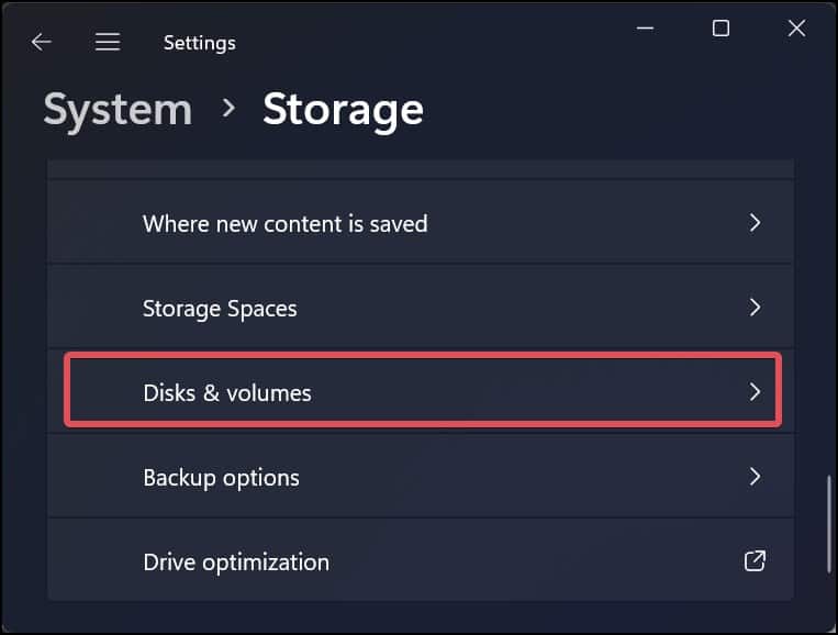 Disk and volumes settings