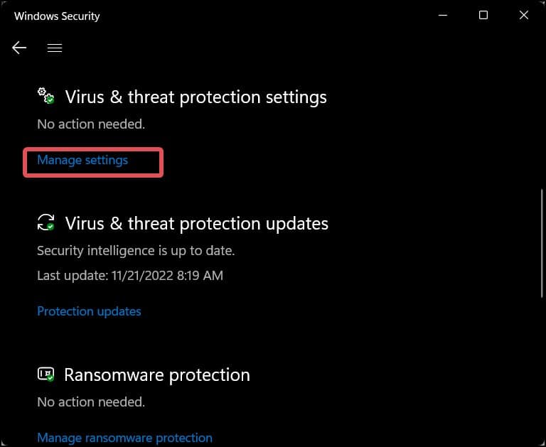 Manage settings for windows defender
