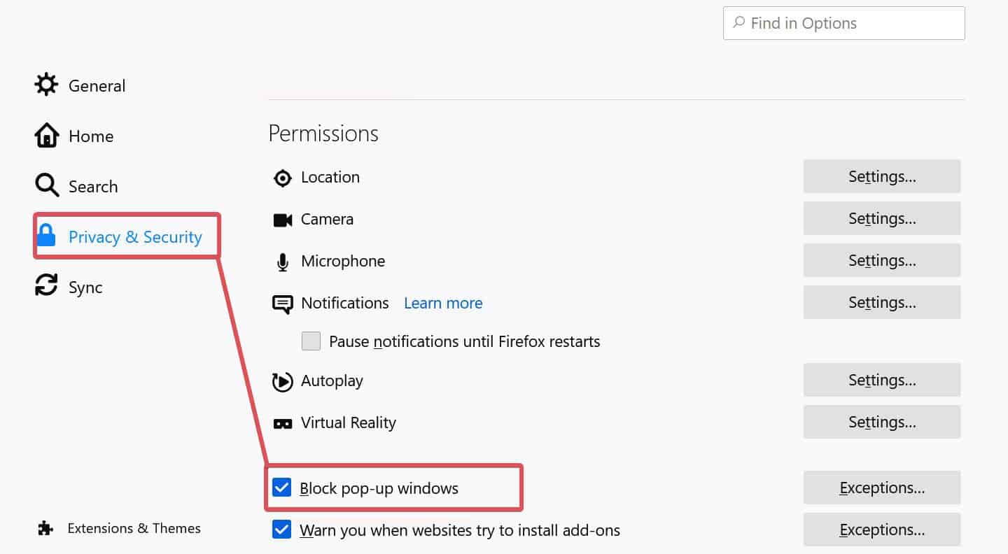 Block pop-ups in Firefox