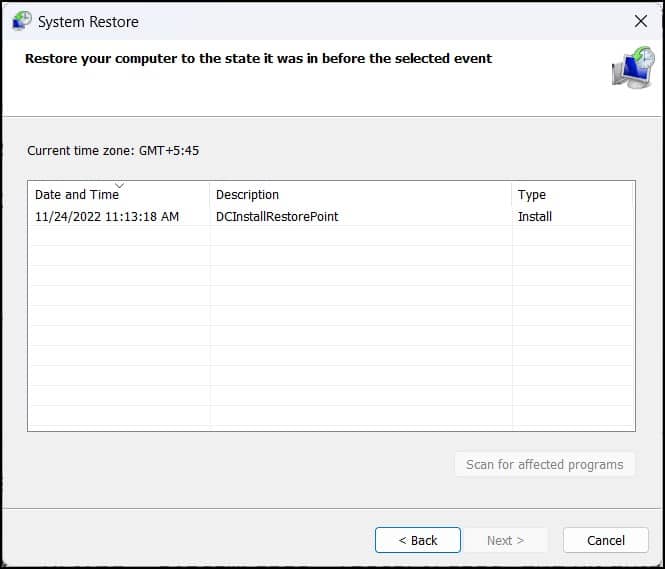 Choosing restore point