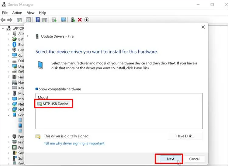 Kindle Fire Not Showing Up on Windows? 9 Ways to Fix it 53 Click-on-MTP-USB-Device-and-hit-Next-button-1-1