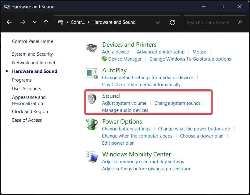 Control panel sound settings