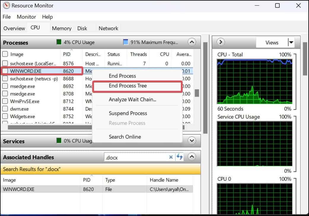 End the process tree of the application using the file