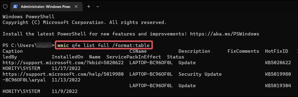 Installed updates history