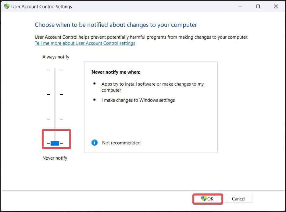 Never notify UAC control settings