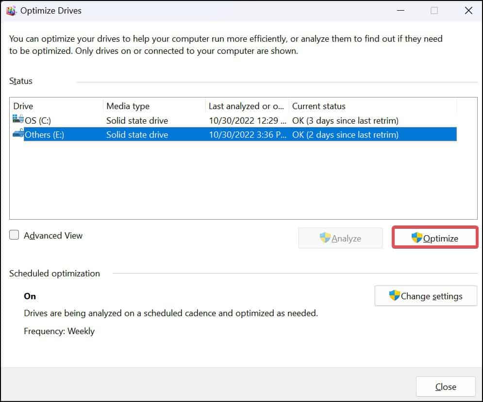 Optimize drive on Windows