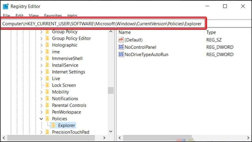 Registry Location For control panel settings