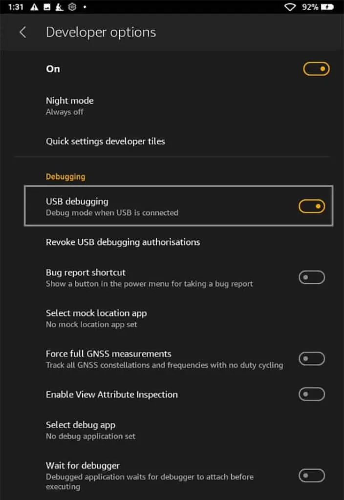 Kindle Fire Not Showing Up on Windows? 9 Ways to Fix it 46 Under-Debugging-drag-the-slider-right-to-turn-it-On-704x1024
