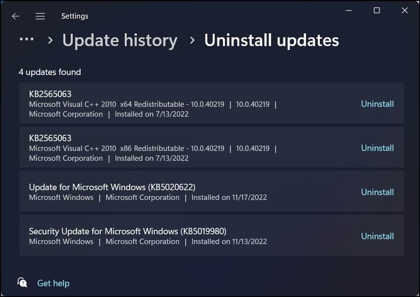 Uninstall windows update