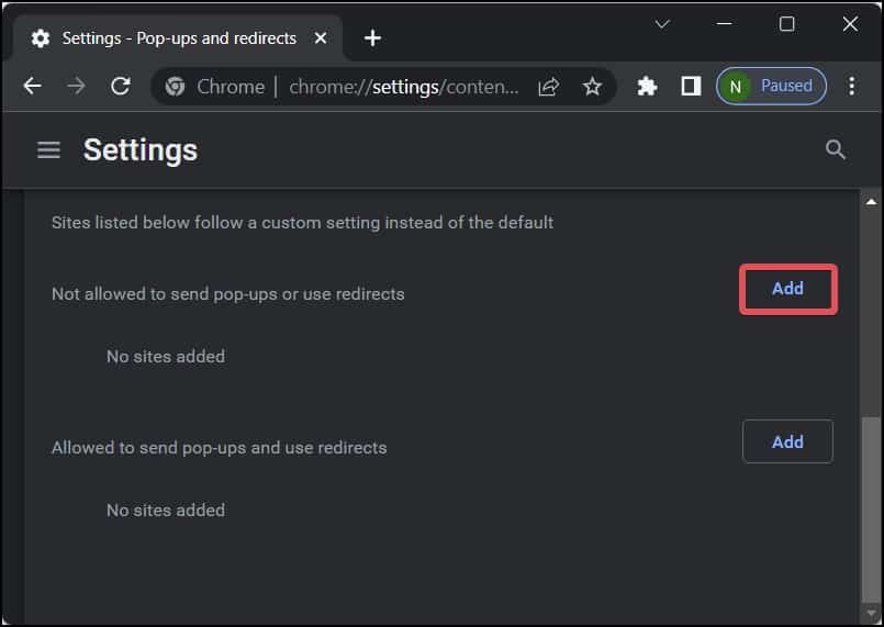 add sites to disbale chrome