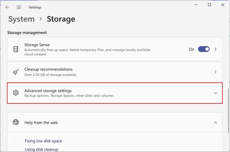 advanced storage settings