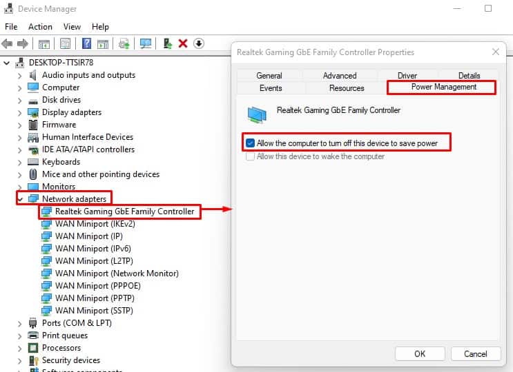 allow computer to turn off device laptop internet not working