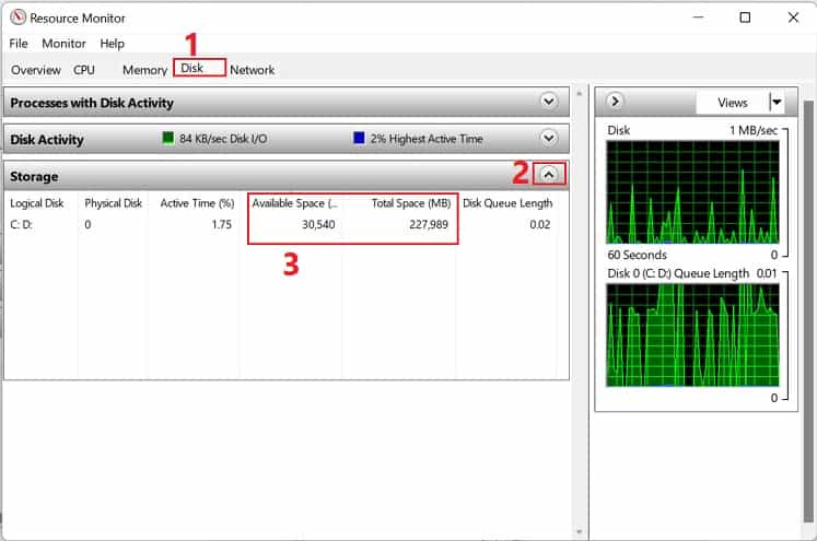 available and total space in resource monitor