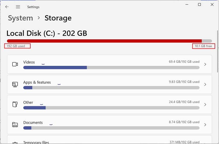 check used space below the usage bar