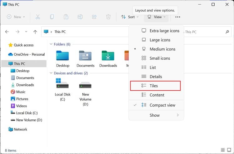 choose tiles in layout and view options