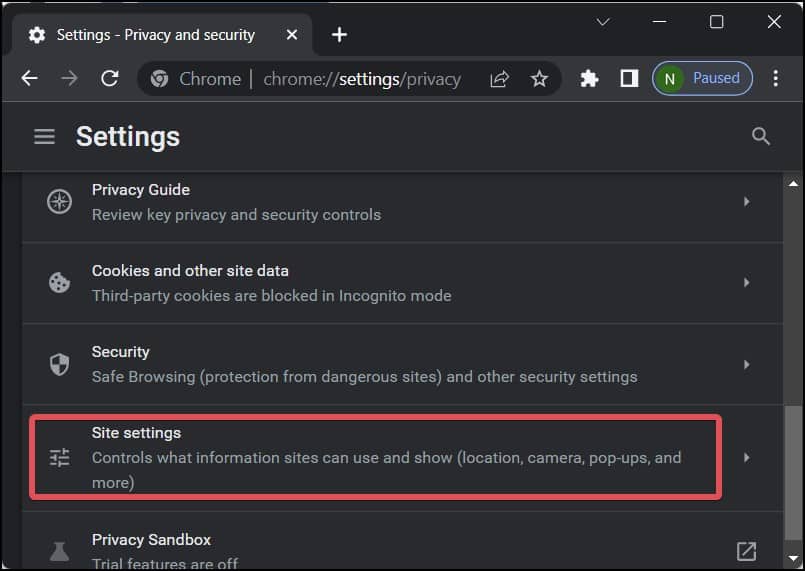 chrome site settings