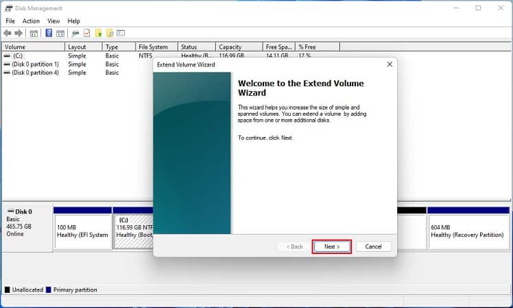 click next in extend volume wizard