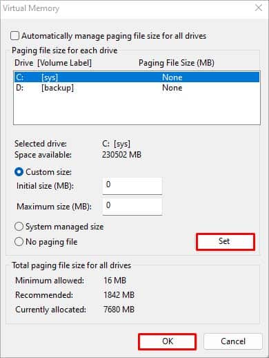 custom size virtual memory