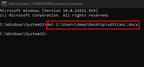 delete file using command prompt as admin
