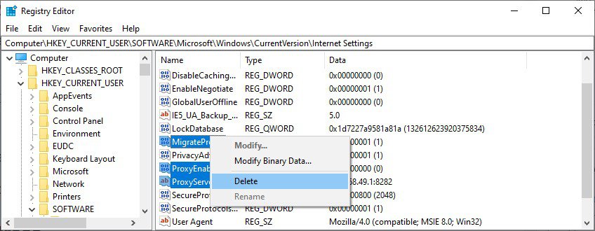 delete proxy keys from registry