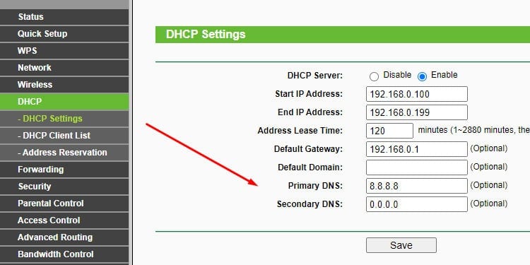 dhcp settings primary dns