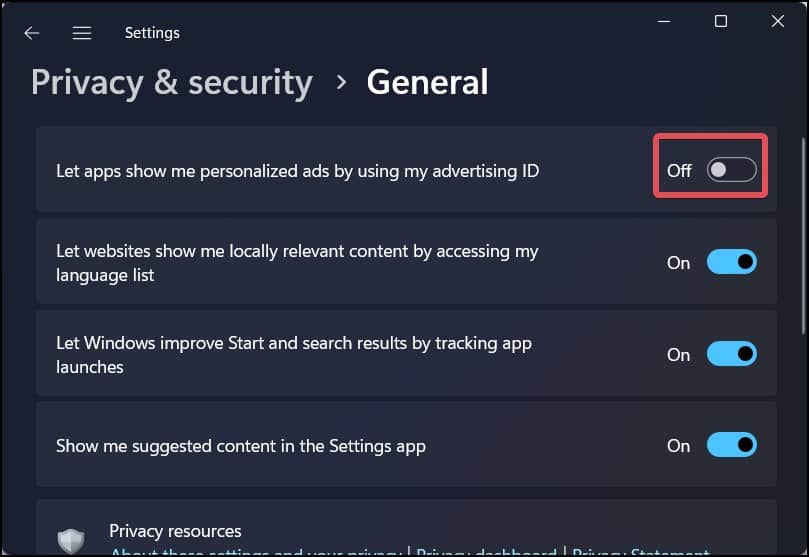 disable personalized ads
